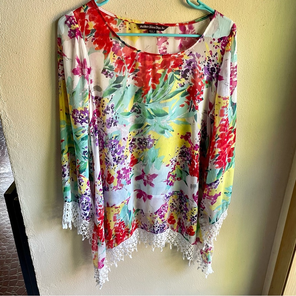 Sienna Rose Floral Bohemian Top/ Swim Cover-up. Green, Purple, Red. Size Small